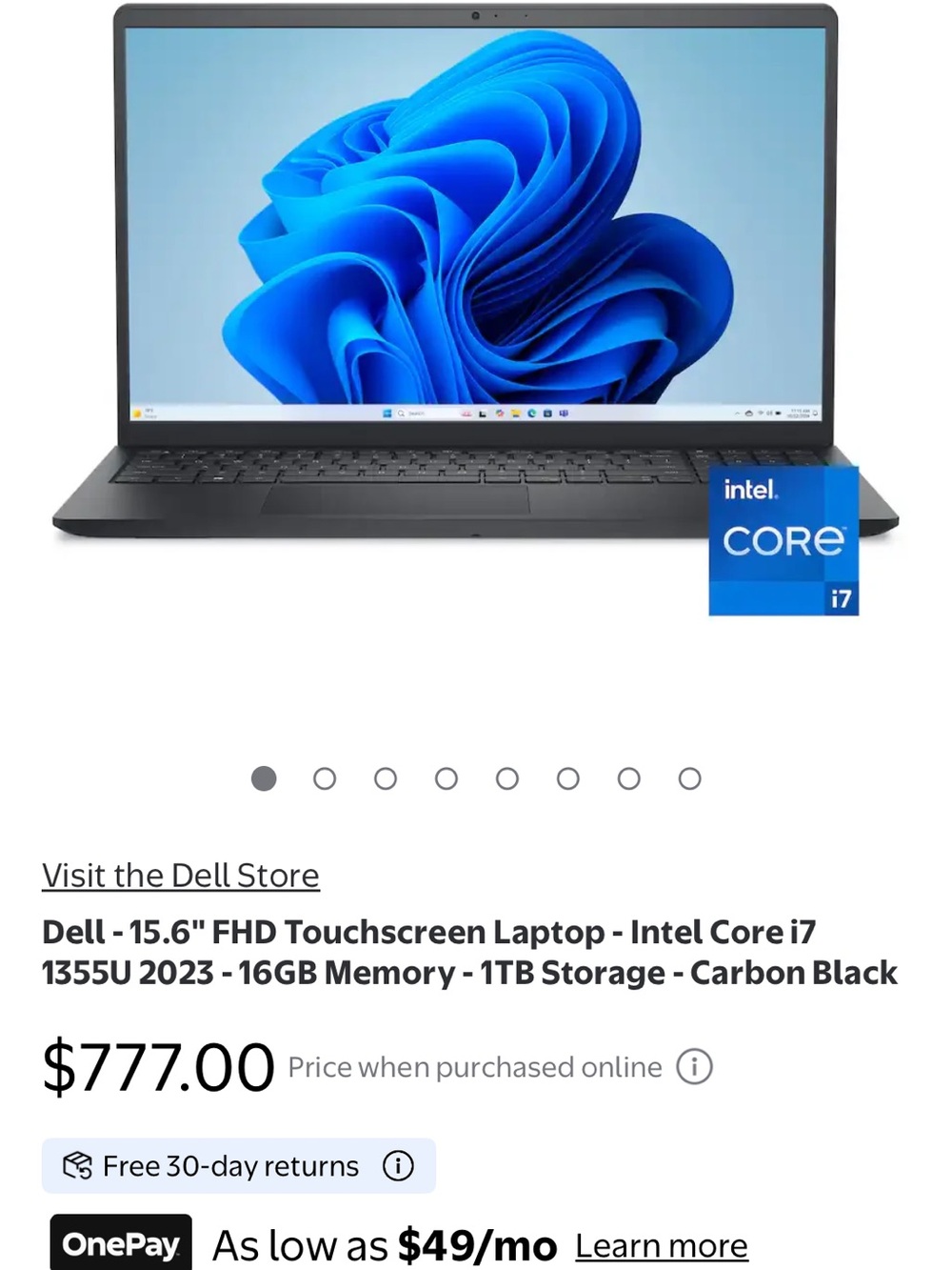 Dell 15.6" Carbon Black Laptop with Blue Display